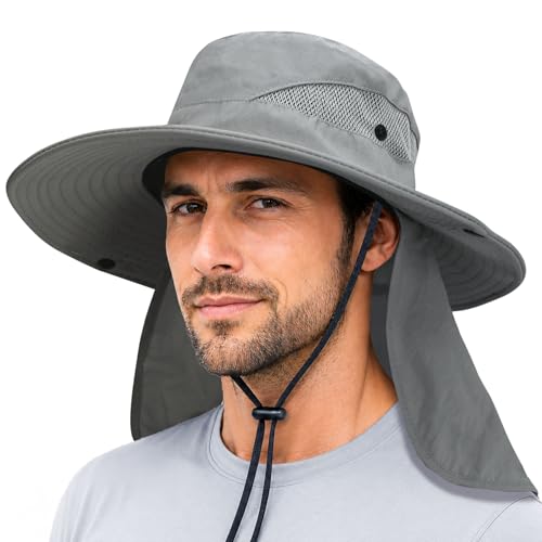 Sun Bucket Hats for Men Women Fishing Hat with Neck Flap Grey