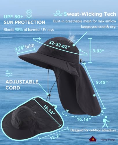 UPF 50+ Sun Hats for Men Women Wide Brim Fishing Hat with Neck Flap Summer Safari Beach Bucket UV Protection Cap for Hiking Gardening Black