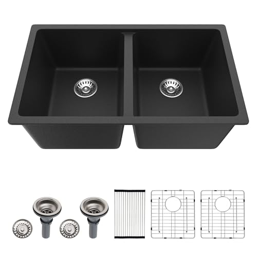 33 inch Quartz Matte Black Granite Composite Double Bowl Undermount Kitchen Sink Basin Deep 50