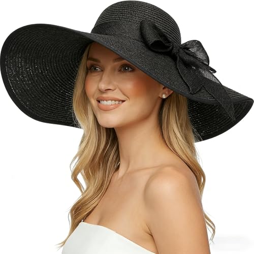 Women Wide Brim Bow Straw Hat Floppy Foldable Beach Sun Hat Roll up Cap UPF 50+