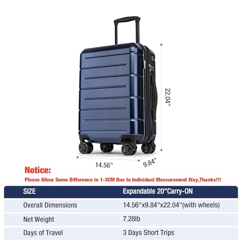 Carry On Luggage 22x14x9 Airline Approved Hardshell 20 Inch Luggage With TSA Lock Carry On Suitcase with Wheels Small Travel Rolling Luggage with Cup Holder for Women Men Navy