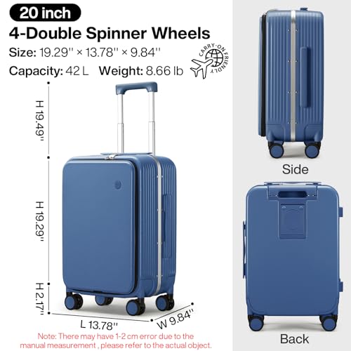 Carry On Luggage with Cup Phone Holder and Charger Hard Shell Suitcases with Spinner Wheels