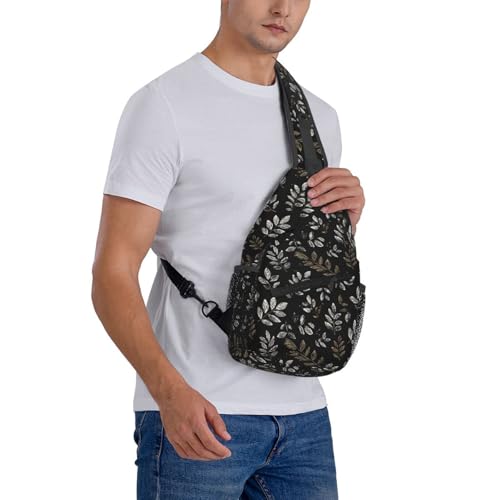 Sling Bag Boho Black Leaf Pattern Hiking Daypack Crossbody Shoulder Backpack Travel Chest Pack for Men Women