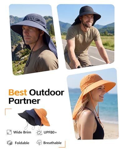 UPF 80+ Sun Hat for Men Women Wide Brim Sun Hat with Neck Flap Summer Safari UV Protection Gardening Fishing Hat Navy Blue