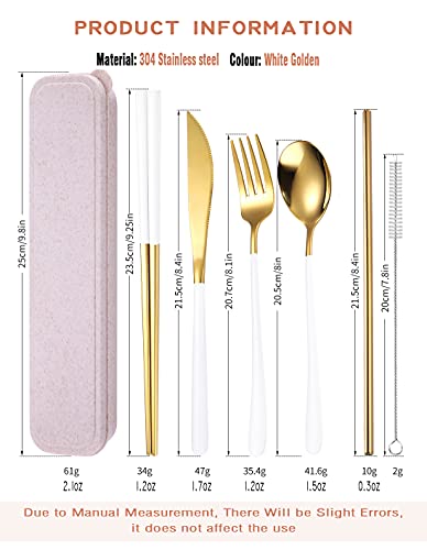 6 Pieces 18 8 Stainless Steel Flatware Set Portable Reusable Cutlery Set Travel Utensils Set Including Chopsticks Knife Fork Spoon Straws Cleaning Brush Dishwasher Safe (6 Count)
