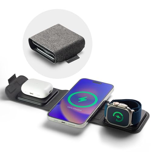3-in-1 Travel Charger with MagSafe - Portable Wireless Charging Hub, Compatible w/Apple Devices, iPhone 17/16/15/14/13/12 Series, Apple Watch Series 11 to 1 & Ultra, AirPods Pro/3rd Gen, Black
