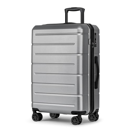 24 Inch Luggage TSA Approved Hardshell Suitcases with Spinner Wheels Durable PC+ABS Medium Checked Travel Luggage for Women Men Silver Grey
