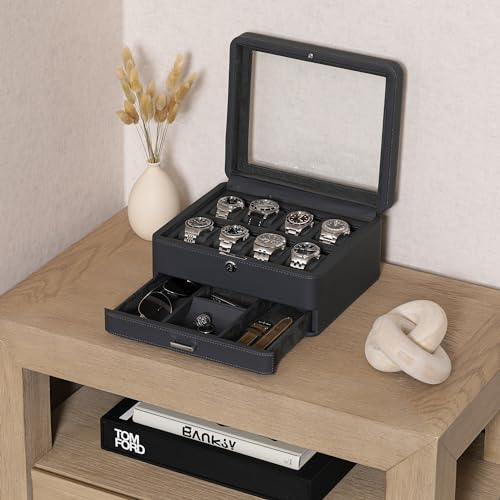 8 Slot Leather Watch Box with Valet Drawer