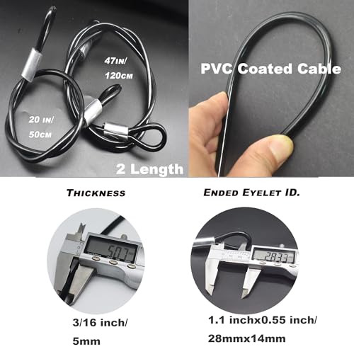 20 inch (50cm) 5mm Stainless Security Cables Tether,Braided Steel Vinyl Coated Safety Strap Luggage Lock,Flexible Wire Lead Chain Leash with Double Loops, Black 4Pcs (4 Count)