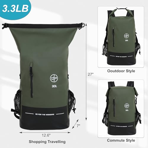 Waterproof Dry Bag 30L Boating Backpack for Travel Hiking Camping Bags for Kayaking Hiking Waterproof Bags Swimming Floating Submersible Dry Bag Green