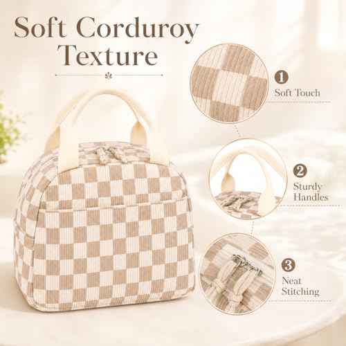 Lunch Bag for Women Cute Corduroy Lunch Tote Bags with Shoulder Strap Reusable Insulated Lunch Box Large Capacity Reusable Insulated Cooler for Work Picnic or Travel