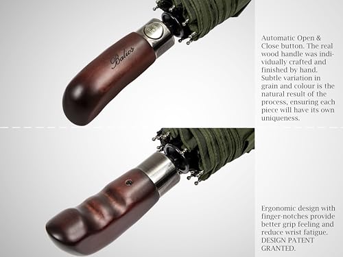 Folding Umbrella Real Wood Handle Auto Open Close Olive Green