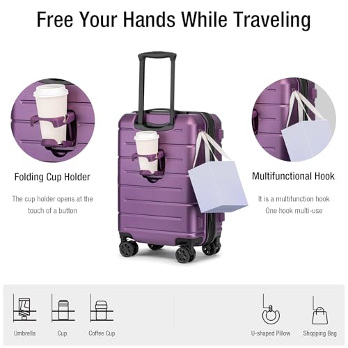 Carry On Luggage 22x14x9 Airline Approved with TSA Lock Hardshell Expandable 20 Inch Luggage Carry On Suitcase with Wheels Small Travel Rolling Luggage with Cup Holder for Women Dark Purple