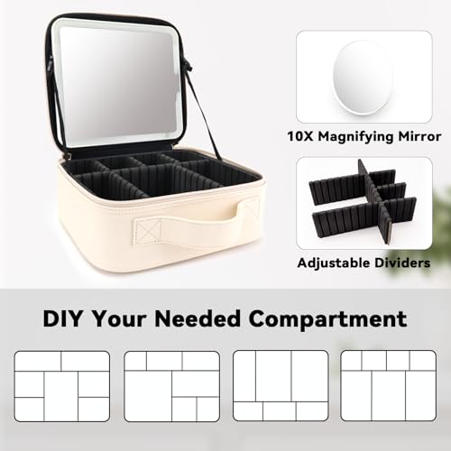 Travel Makeup Bag with LED Mirror and 10x magnifying glass with 3 Lighted Settings