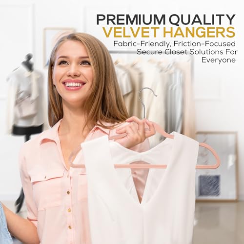 50 Pack New Premium Quality Velvet Hangers Ultra Thin Non Slip Adult Felt Space Saving Hangers for Closet Heavy Duty Coat Pants Jackets Dress Hangers 360° Swivel Hook Hold Upto 10lbs Rose Gold (50 Count)