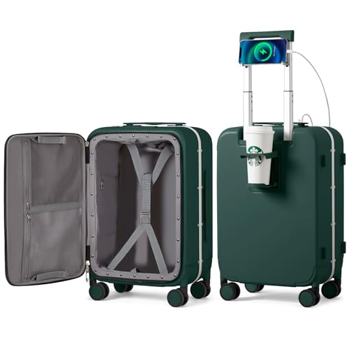 Carry On Luggage with Cup Phone Holder and Charger Hard Shell Suitcases with Spinner Wheels