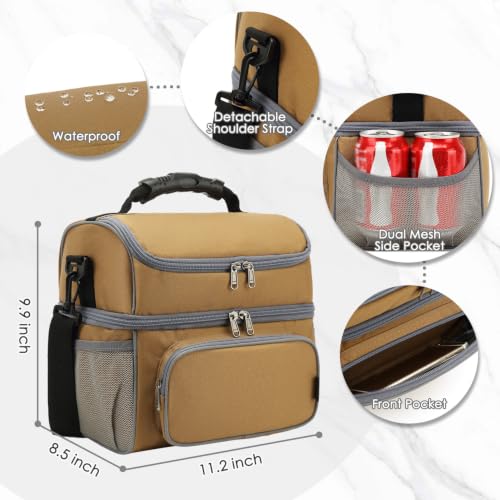 Double Layer Cooler Insulated Lunch Bag Adult Lunch Box Large Tote Bag for Men (Brown)