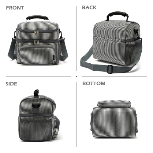 Double Layer Cooler Insulated Lunch Bag Adult Lunch Box Large Tote Bag for Men (White&Black Stripes)