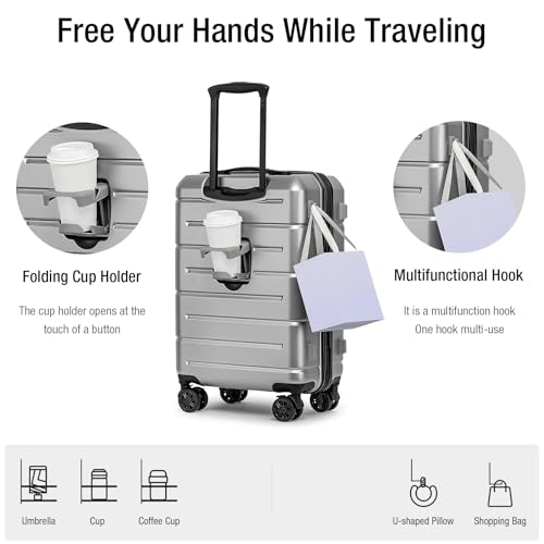 Carry On Luggage 22x14x9 Airline Approved Hardshell Carry On Suitcases with Wheels Travel Rolling 20 Inch Luggage with Cup Holder for Women Men