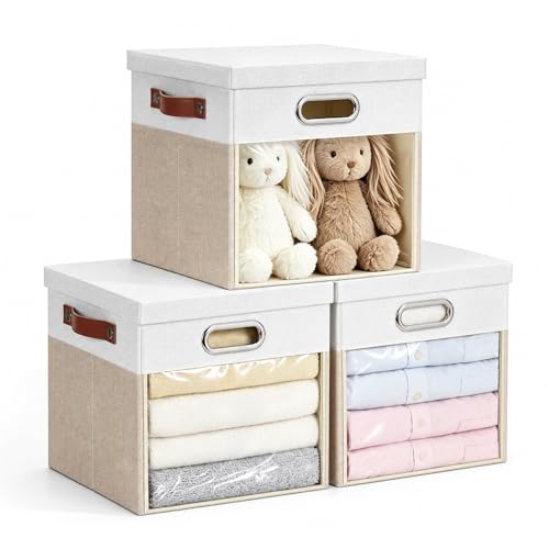 13x13 Inch Ultra Thick Fabric Storage Bins with Lids & Windows (3 Count)