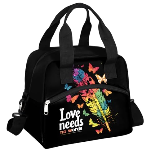 Autism Feather Insulated Lunch Bag for Women Girl Reusable Lunch Tote Box With Shoulder Strap Lightweight Thermal Cooler Meal Prep Bag for Work School Office Picnic (print 3)