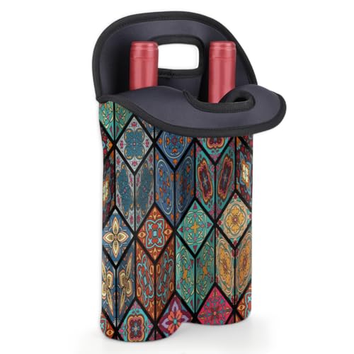 Square Mandala 2 Bottle Wine Carrier Tote Bag Insulated Wine Bottles Neoprene Bag with Secure Carry Handle Portable Wine Cooler Bag for Travel Picnic Beach (2 Count)