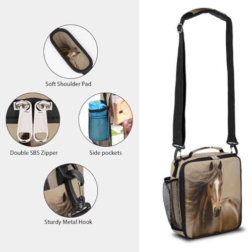 Animal Hores Brown Kids Lunch Box for Girls Boys Reusable Insulated Lunch Bag for Kids Toddler Thermal Cooler Spacious Lunchbox with Shoulder Strap Lunchbag for School Work Picnic (print 23)