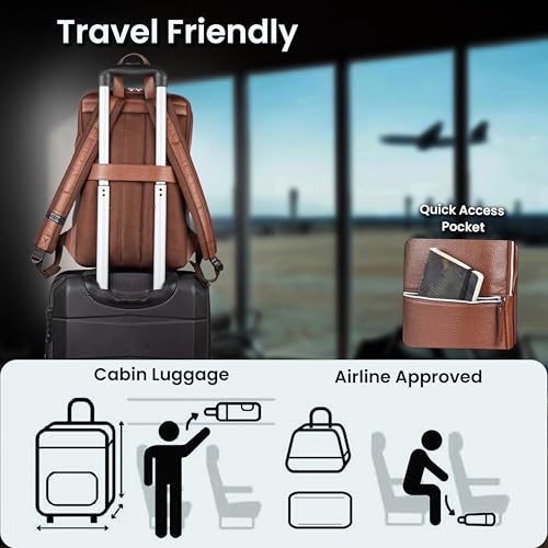 Leather Laptop Backpack for Men with Trolley Strap 16L Slim