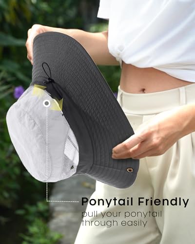 Womens Sun Hat with Ponytail Hole Beach Hiking Summer Wide Brim UPF 50+ Outdoor Protection Foldable Bucket Hat Grey