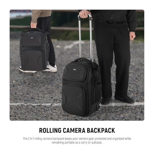 2 in 1 Camera Roller Bag with Detachable Shockproof Dividers Retractable Handle Waistband Rain Cover Water Resistant Robust Carry On Backpack for Camera Tripod Flash Lens Laptop