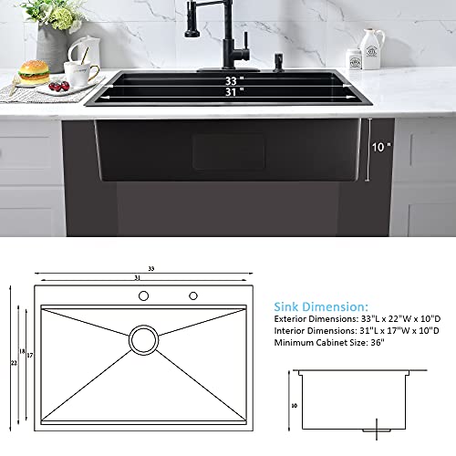 33x22 Black Drop In Kitchen Sink Workstation Stainless Steel Sink