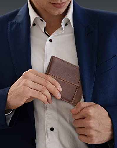 Wallet for Men RFID Blocking Genuine Leather Mens Wallets Bifold with 1 ID Window 15 Card Slots coffee brown