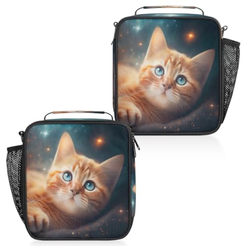 Galaxy Cute Cat Lunch Bag Box for Kids Boys Girls Space Cat Kitten Insulated Lunch Tote Bag with Adjustable Shoulder Strap Reusable Waterproof Thermal Cooler Bag for School Work Picnic Women Men (A04:Galaxy Cute Cat)