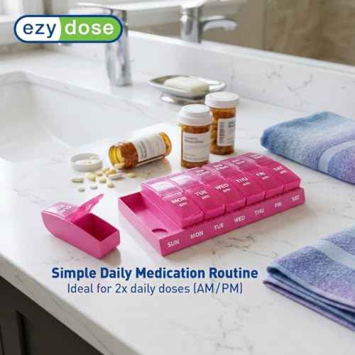 Weekly (7-Day) AM/PM Pill Organizer, Small Medicine Planner, Pink