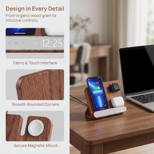 3-in-1 Walnut Wood Wireless Charging Station with Clock, 15W Fast Foldable Charger Stand, Charging Dock for iPhone 17/16/15/14/13/12, Apple Watch Ultra/10/9/8, AirPods, Nightstand Charger,Gift for Men