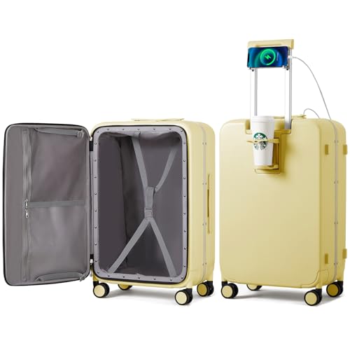 Large Checked Luggage with Cup Phone Holder and Charger Hard Shell Suitcases with Spinner Wheels