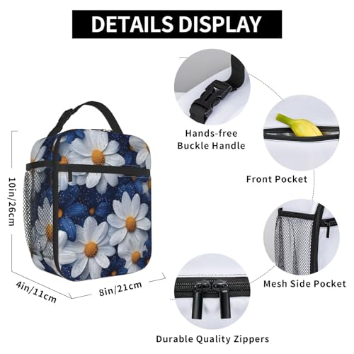 Elegant Daisy Insulated Lunch Box for Women Men White and Blue Flower Lunch Bag for Travel