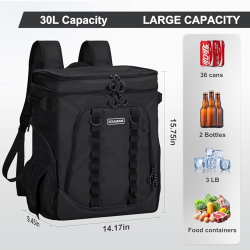 Insulated Backpack Coolers Insulated Leak Proof for Camping Hiking Beach Travel 36cans Cooler Backpack for Men Women 18 Hours Cooling Black 30L (36 Count)