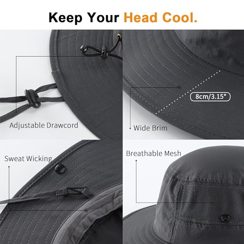 UPF50+ Mens Sun Hat Wide Brim Bucket Hat Womens UV Protection Sunshade Beach Hat Light Weight Cowboy Fishing Hat Dark Grey
