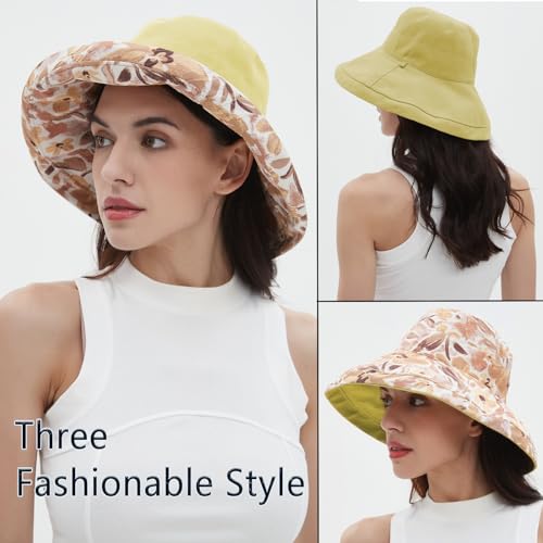 Womens Sun Hats Wide Brim Reversible Bucket Cotton Hat Packable Summer Travel Cap with Hat Clip