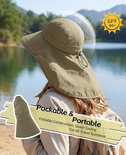 UPF 80+ Sun Hat for Men Women Wide Brim Fishing Hat with Neck Flap Summer Safari UV Protection Bucket Hat Army Green