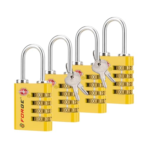 Dual-Opening: Key or Combination Access Lock, TSA Approved Locks for Luggage, Pelican case, Travel, Gym, School, Stainless Steel Shackle.(Yellow, 4 Pk)