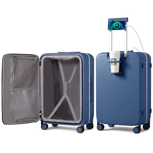 Large Checked Luggage with Cup Phone Holder and Charger Hard Shell Suitcases with Spinner Wheels