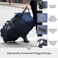 45/80/100L Rolling Duffel Bag with Wheels, Large Durable Travel Duffle + Toiletry Bag, Heavy Duty, Packable, Foldable with Shoulder Straps- Use as Luggage or Backpack, Men/Women (Navy Blue)