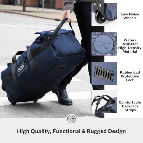 45/80/100L Rolling Duffel Bag with Wheels, Large Durable Travel Duffle + Toiletry Bag, Heavy Duty, Packable, Foldable with Shoulder Straps- Use as Luggage or Backpack, Men/Women (Navy Blue)