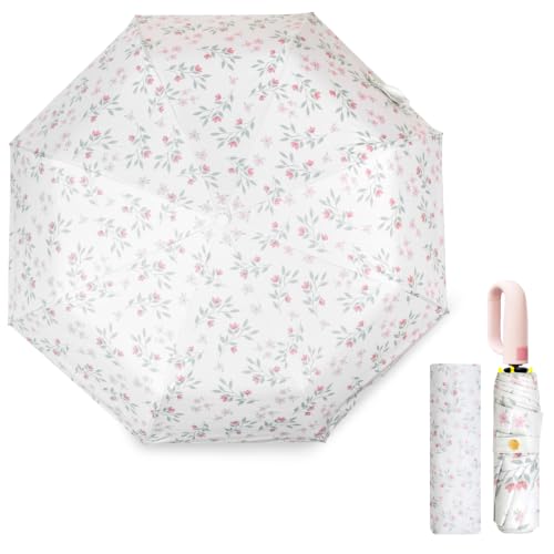 UV Sun Umbrella Compact Folding Travel Umbrella with Carabiner Handle Auto Open and Close for Windproof