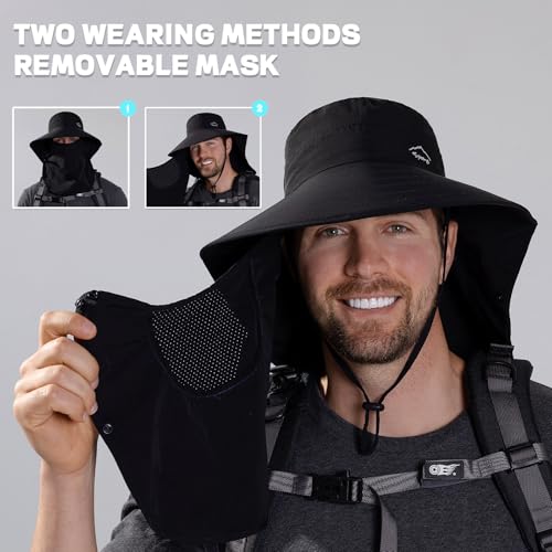 Sun Hat for Men Women with Neck Flap& Removable Face Cover Wide Brim