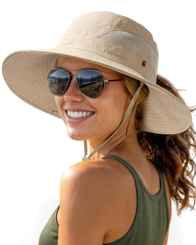 Womens Sun Hat with Ponytail Hole Beach Hiking Summer Wide Brim UPF 50+ Outdoor Protection Foldable Bucket Hat Khaki