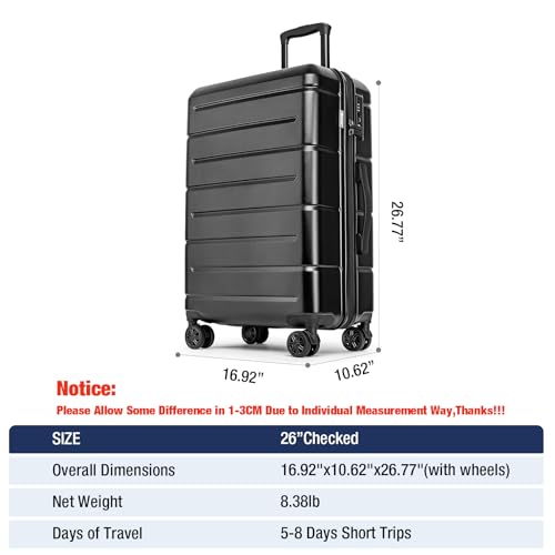 24 Inch Luggage TSA Approved Hardshell Suitcases with Spinner Wheels Durable PC+ABS Medium Checked Travel Luggage for Women Men