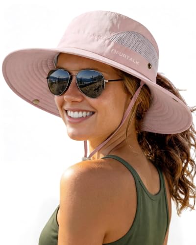 Womens Sun Hat with Ponytail Hole Beach Hiking Summer Wide Brim UPF 50+ Outdoor Protection Foldable Bucket Hat Pink